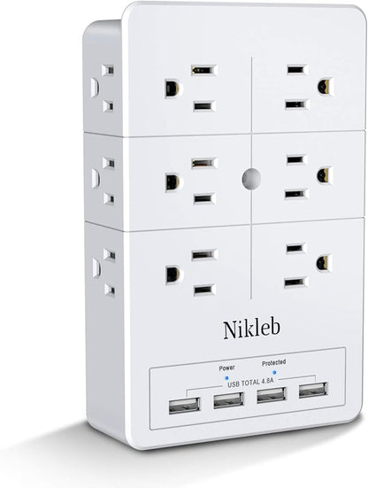 Multi Plug Outlet Surge Protector Nikleb, 12 Electrical Outlets Extender with 4 USB Charging Ports Total 4.8A, Wall Plug Expander 3 Prong for Room, Office, Gaming, Cord Organizer Accessories