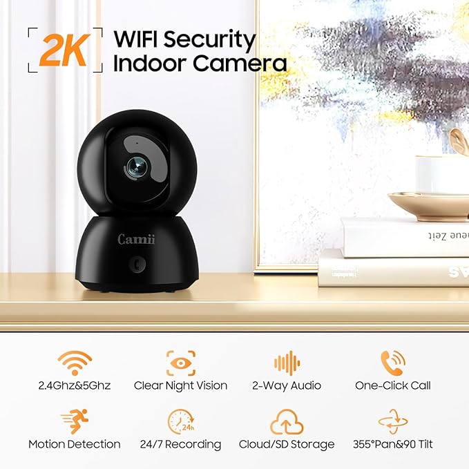2K Security Camera Indoor, 2.4G & 5G WiFi Pet Camera for Home Security, Pet/Dog/Elder/Baby Camera with Phone App, Night Vision, Cloud/SD Card Storage, 2-Way Audio, Motion Detection, Black