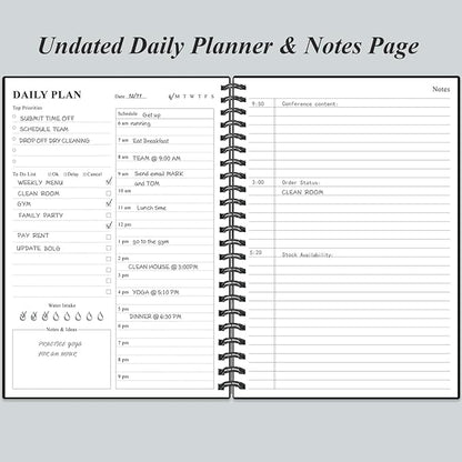 Daily Planner Undated - B5 To Do List Notebook Hourly Schedules, Spiral Appointment Planner for Women and Men, PVC Hardcover, Inner Pocket, Elastic Closure, 7" x 10", Black