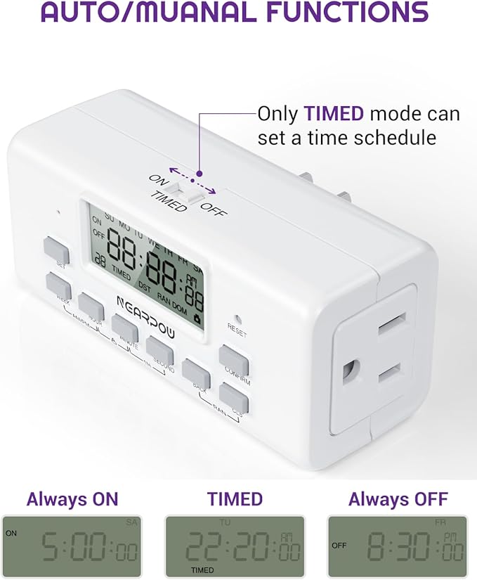[2 Pack] NEARPOW Digital Timer For Lamp With Dual Outlets, Programmable Timer In Door, Outlet Timer For Lights,10 On/Off Programs, 24-Hour And 7-Day Programmable Electric Plug Timer,3 Prong, 15A/1875W