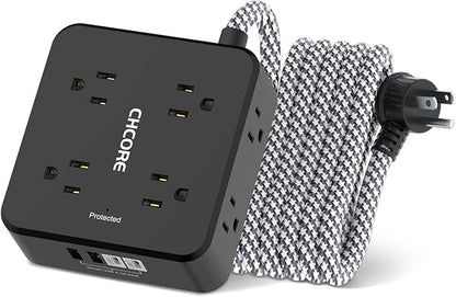 Surge Protector Power Strip - CHCORE 10Ft Braided Extension Cord with 8 Outlets with 4 USB (2 USB C) Charging Ports, Flat Plug Multi Plug Outlet Extender Charging Station for Home Office, ETL, Black