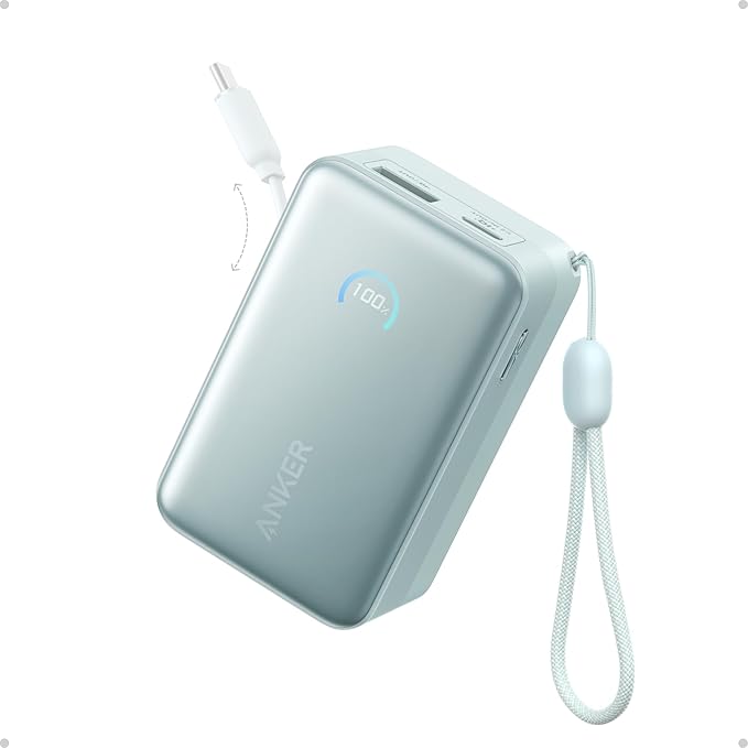 Anker Nano Portable Charger, 10,000mAh 45W Max Compact Power Bank, Travel Essential Phone Battery Pack with 2.3 ft InstaCord Retractable Cable for iPhone 17/16 Series, iPad, Galaxy, Pixel, and More