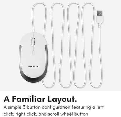 Macally Silent Wired Mouse - Slim & Compact USB Mouse for Apple Mac or Windows PC Laptop/Desktop - Designed with Optical Sensor & DPI Switch - Simple & Comfortable Wired Computer Mouse (White)