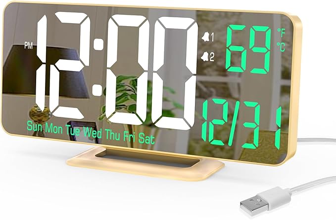 KOSUMOSU Desk Clock for Bedroom Accessories 6.7in Gold Digital Alarm Clock with Dimming,12/24h, Date, Day of Week, Temp, LED Clock, Modern Digital Calendar Clocks for Living Room Essentials