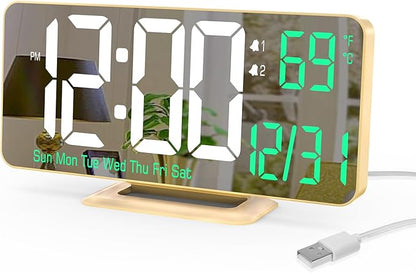 KOSUMOSU Desk Clock for Bedroom Accessories 6.7in Gold Digital Alarm Clock with Dimming,12/24h, Date, Day of Week, Temp, LED Clock, Modern Digital Calendar Clocks for Living Room Essentials