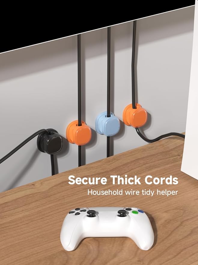 9 Pack Cord Organizer, Spring Cable Management, Adhesive Cute Cable Holder Clips, Phone Charger Wire Keeper for Desk Nightstand Car Office (9-Pack Black_Orange_Blue)