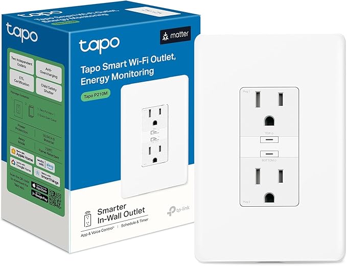 TP-Link Tapo Smart Plug P210M, Wi-Fi in-Wall Outlet, Matter Compatible, Energy Monitoring, 15A/1800W Max, Works with Alexa, Apple Home, Google Home, SmartThings, Voice/Remote Control, ETL Certified