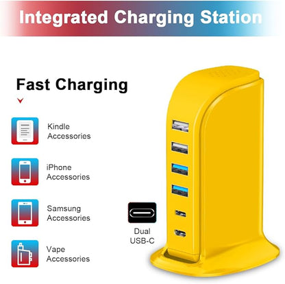 45W USB Charging Station, 6-Port Hub with 4 USB-A & 2 USB-C Ports, 5ft Cable, Yellow