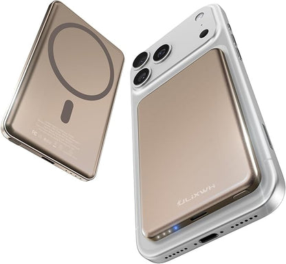 [0.3" Ultra Slim] [Alloy-Made] ULiXWH Magsafe Portable Charger for iPhone, 2025 Upgrade 5000mAh Fast Charging Magnetic Power Bank, Wireless Battery Pack for iPhone 17 Air 16 15 Pro Max 14, Desert Gold
