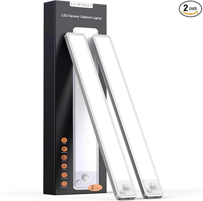 LUMIJOLI 2 Pack Under Cabinet Lighting Wireless 14inch LED Motion Sensor Magnetic Light 2500maAh Rechargeable Indoor Closet Lights for Kitchen, Stairs Cool White