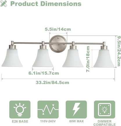 LOUSACE 4 Light Bathroom Vanity Light Brushed Nickel Bathroom Lighting Fixtures Over Mirror with Opal White Frosted Glass, Vintage Traditional Wall Lighting Fixture Satin Nickel Vanity Lights