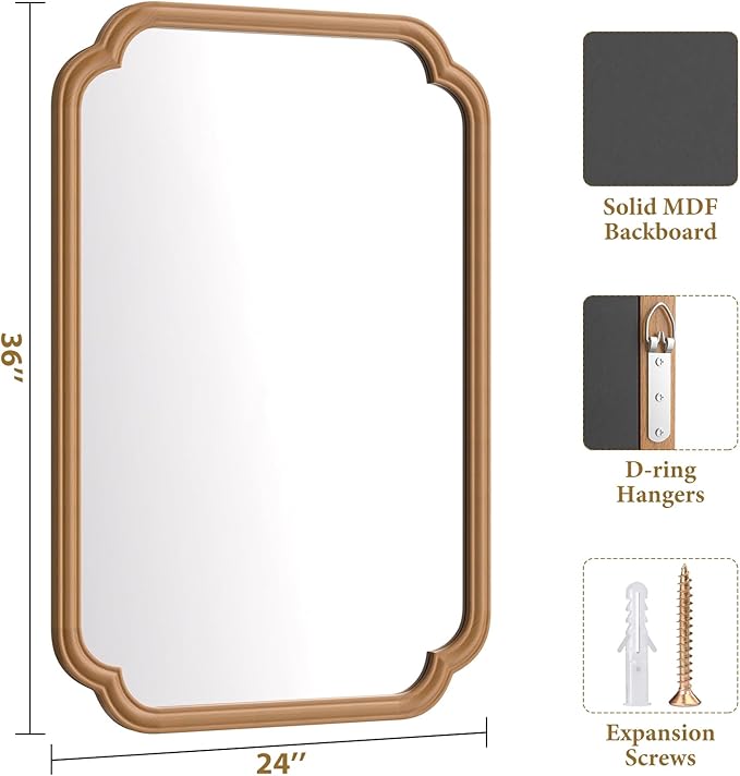 Wood Bathroom Mirror for Wall Mounted, 24" x 36" Rustic Bathroom Mirror for Over Sink with Wood Frame Farmhouse Rounded Corner Rectangle Mirror Decorative(Natural Color)