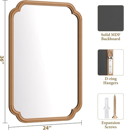 Wood Bathroom Mirror for Wall Mounted, 24" x 36" Rustic Bathroom Mirror for Over Sink with Wood Frame Farmhouse Rounded Corner Rectangle Mirror Decorative(Natural Color)