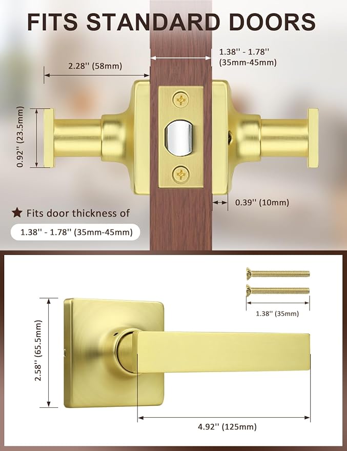 Mengico 4 Pack Passage Door Levers Gold Finish, No-Locking Keyless Square Door Knob, Interior Door Handles for Closet and Hallway, Reversible for Left & Right Handed