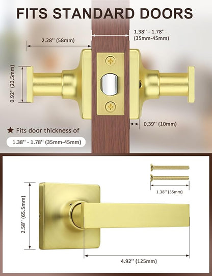 Mengico 4 Pack Passage Door Levers Gold Finish, No-Locking Keyless Square Door Knob, Interior Door Handles for Closet and Hallway, Reversible for Left & Right Handed