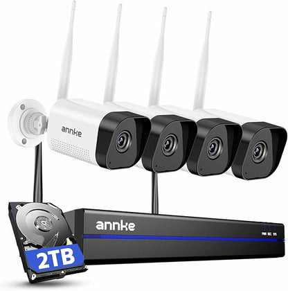 ANNKE Wireless Camera System, 16CH Expandable 4K Security NVR, 4Pcs 3MP Outdoor Cameras, 2-Way Audio, Dual-Band WiFi, Human Detection, IP66 Waterproof, 2TB HDD, Compatible with Alexa, 24/7 Protection