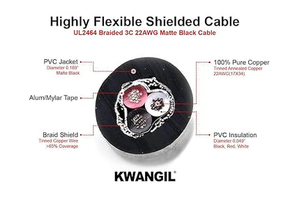 KWANGIL 3C 22AWG AMSB Shielded Cable Wire (UL2464) - Highly Flexible Str TC, PVC Ins, OS+TC BRD, PVC JKT for CNC Machine, Stepper Motor, VFD Spindle (Matte Black 25FT)
