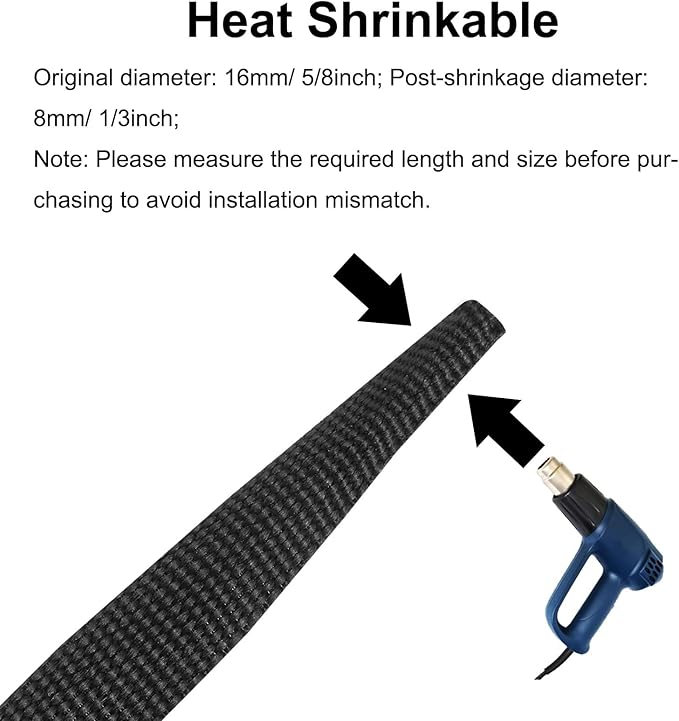 MECCANIXITY Braided Cable Sleeves Heat Shrinkable Fabric Sleeving, 5/8" 60ft Black 2:1 Ratio Heat Shrinkable Cord Protector for Harness Cable, Network Cable Protection, Cable Management