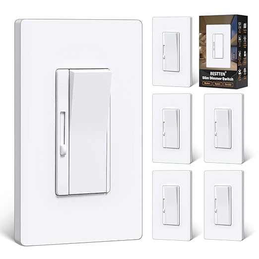 BESTTEN 6 Pack Super Slim Dimmer Light Switch, Quiet Rocker, Single Pole or 3 Way Dimmable Switch, Max 300W LED, CFL, 600W Incandescent, Screwless Wall Plate Included, ETL Listed, White