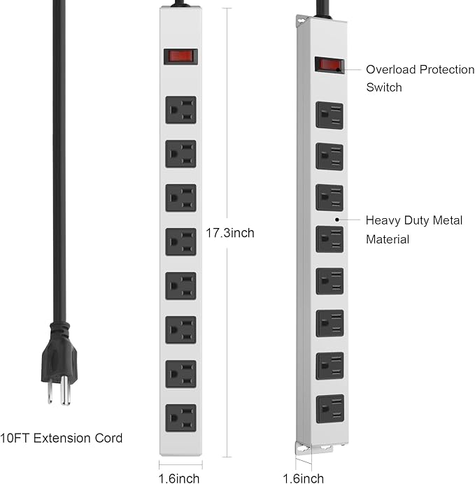 JUNNUJ Metal 8 Outlet Power Strip, Mountable Heavy Duty Power Strip, 1200J Surge Protector Wall Mount Screws Outlet with Switch, Gaming Desk Strips Wide Spaced 15A 125V 1875W, 10 FT 14AWG Power Cord