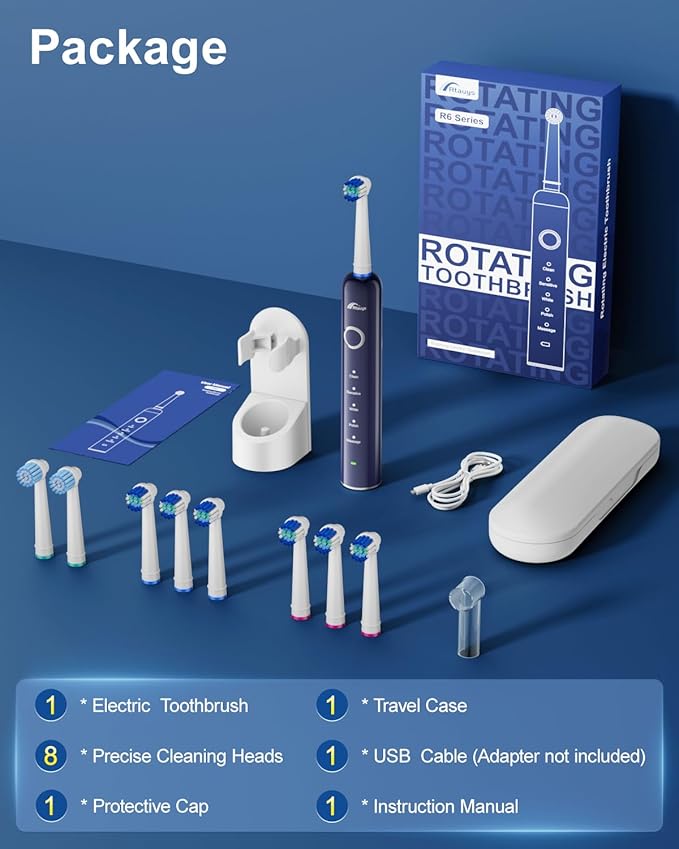 Rtauys Rotating Electric Toothbrush for Adults with 8 Brush Heads (2 Types), 5 Modes Rechargeable Power Toothbrush with Travel Case and 2 Minute Smrte Timer