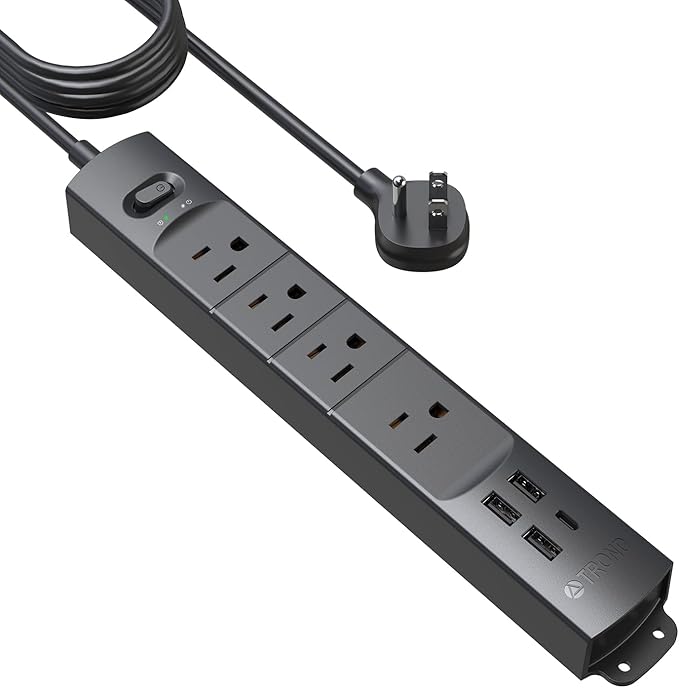 TROND Surge Protector Power Strip with USB, Ultra Thin Flat Plug 15ft Long Extension Cord 1625W, 3 USB A & 1 Type C, 4 AC Outlets 1440J Surge Protection Wall Mount for Home Office Dorm Room, Black