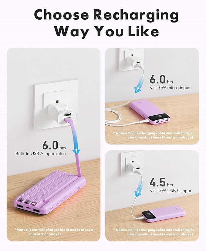 charmast Portable Charger with Built in Cables, Power Bank with Cords Wires, Slim 10000mAh Travel Battery Pack 6 Outputs 3 Inputs 6A Fast Charging for Samsung Google Pixel LG Moto iPhone iPad