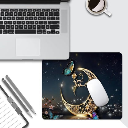 Golden Retro Fantasy Starry Moon Butterfly Square Mouse pad, Texture, Waterproof, Anti Slip Rubber Base, Computer Mouse pad