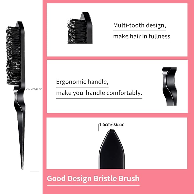 3 Pieces Hair Styling Comb Set Teasing Brush Rat Tail Comb Edge Brush for Edge&Back Brushing, Combing, Slicking Hair for Women (Black)