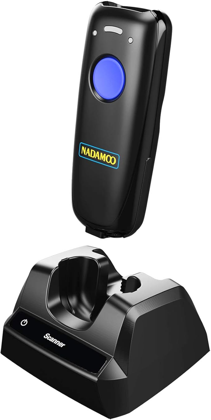 NADAMOO 1D Wireless Barcode Scanner Compatible with Bluetooth, with Charging Dock, Portable USB Bar Code Scanner for Inventory, 2.4G Wireless & Wired Barcode Reader for Tablet iPhone iPad Android iOS