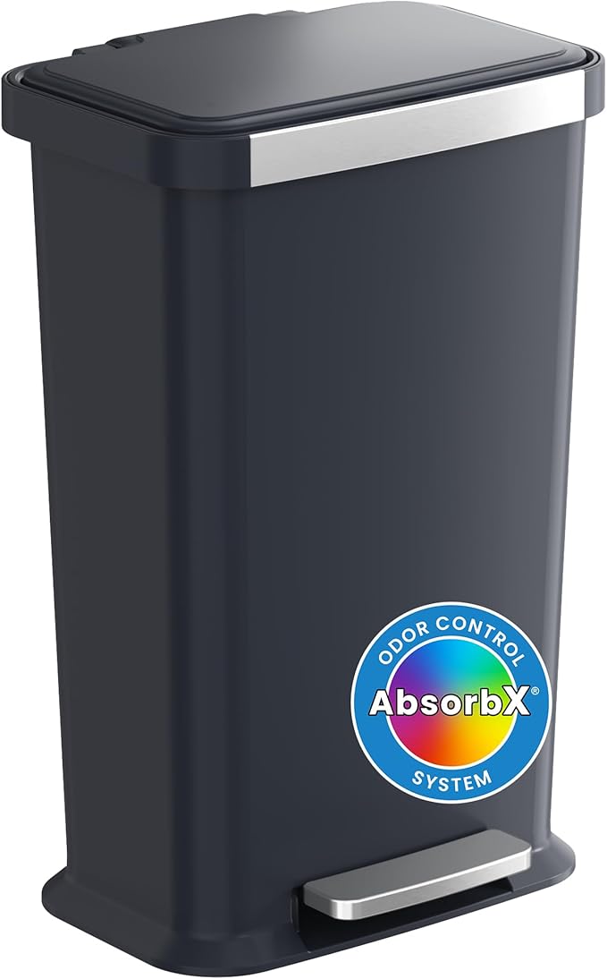 iTouchless SoftStep 13.2 Gal / 50L Step Pedal Kitchen Trash Can with Odor Filter, Stainless Steel Trim Dent-Proof Durable Construction, Garbage Bin with Lid for Home Office, Bedroom, Black Plastic