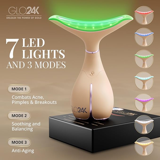 GLO24K 7 Color Beauty Device – Triple LED Action & Vibration Technology Facial and Neck Massager