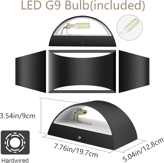 Aipsun Indoor Black Modern LED Wall Sconce Interior Wall Lights Set of 2 Hardwired Up and Down Wall Mount Light for Living Room Bedroom Hallway Corridor Cool White 6000K(with G9 Bulbs)