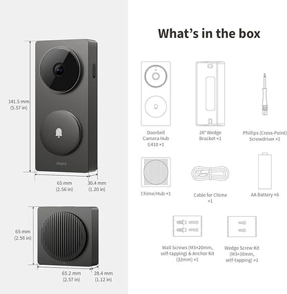 Aqara Smart Doorbell Camera G410 with Chime, 2K, HomeKit Secure Video, 2-Way Audio, Built-in Matter Hub, Wireless/Wired, Supports Apple Home, Alexa, Google, Home Assistant, 2.4G/5GHz Wi-Fi, Gray