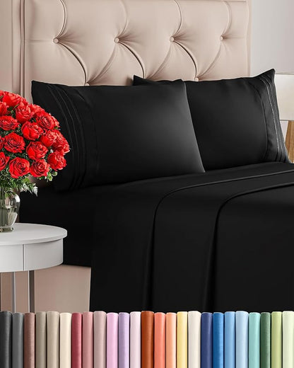 King Size 4 Piece Sheet Set - Comfy Breathable & Cooling Bed Sheets Set - Hotel Luxury Bedding for Women, Men, Kids, Teens, Boys & Girls - Deep Pockets, Ultra-Soft and Wrinkle Free - Oeko-Tex - Black