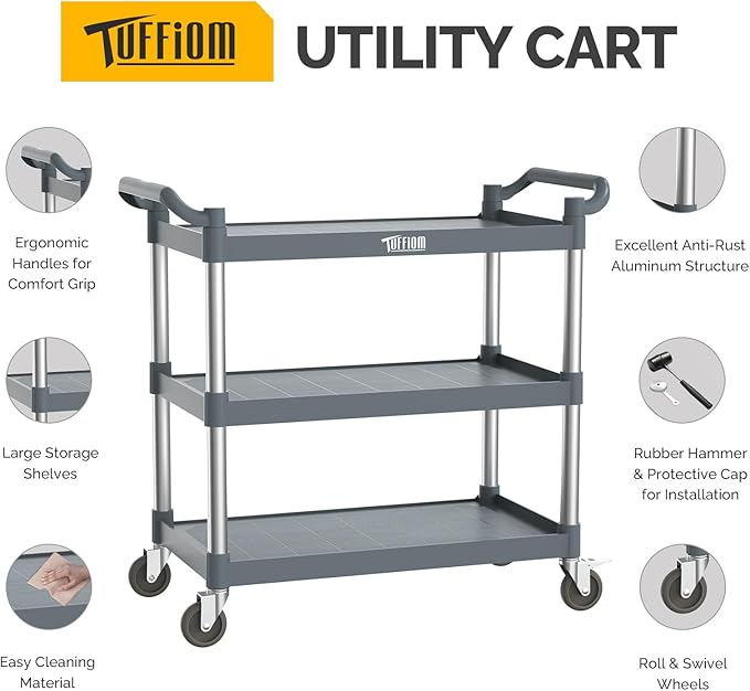 TUFFIOM Plastic Service Utility Cart with Wheels,Heavy Duty 450lbs Capacity, 3-Tier Commercial Rolling, Ideal for Restaurant, Foodservice, Office, Warehouse, Gray 40.4''L x 19.7''W x 38.6''H