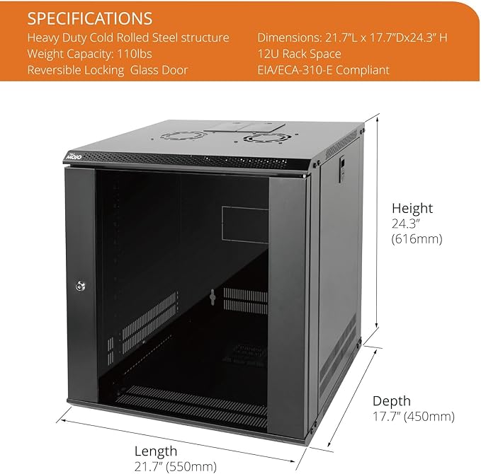 Tecmojo 12U Wall Mount Server Cabinet IT Network Rack Enclosure Lockable Door and Side Panels Black,Cooling Fan,Glass Door,17.7inch Depth,for 19” IT Equipment,A/V Devices