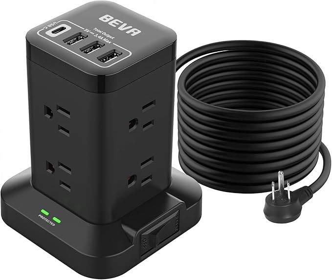 BEVA Power Strip Tower, Surge Protector with USB Ports, 6.5 FT Extension Cord, Charging Tower for Multiple Devices 8 AC and 4 USB(USB-C) for Office Supplies Dorm Room Essentials Office Organization