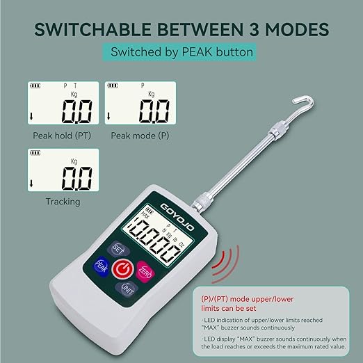 GOYOJO Digital Force Gauge High-Precision Push-Pull Meter for Tension & Compression Testing Units (N, kg, lb, oz) Real-Time/Peak/First Peak Modes Ideal for Quality Control & Material Testing (50N)