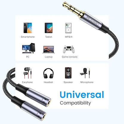 MOSWAG Headphone Splitter 3.5mm Stereo to Dual 3.5mm Female Headphone Jack Audio Stereo, Extension Cable Audio Y Splitter Compatible with iPhone Samsung iPad Tablet Laptop
