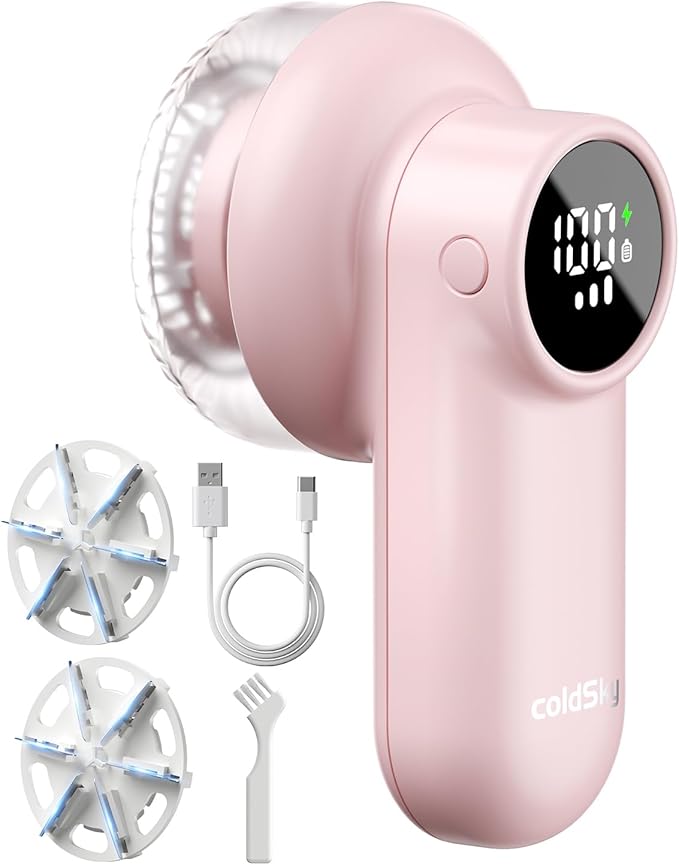 coldSky Rechargeable Fabric Shaver, Lint Shaver with Digital Display, Sweater Shaver with 6-Leaf Blades and Safety Lock, 3-Speeds Defuzzer Remove Fuzz, Pills from Clothes, Furniture, Sofa, Pink