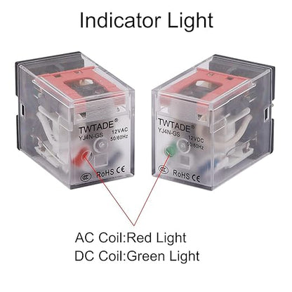 TWTADE/AC 24V Relay 5A Electromagnetic Power Coil Relay 14 Pins 4PDT 4NO+4NC HH54P MY4J with Indicator Light & Socket Base -YJ4N-GS