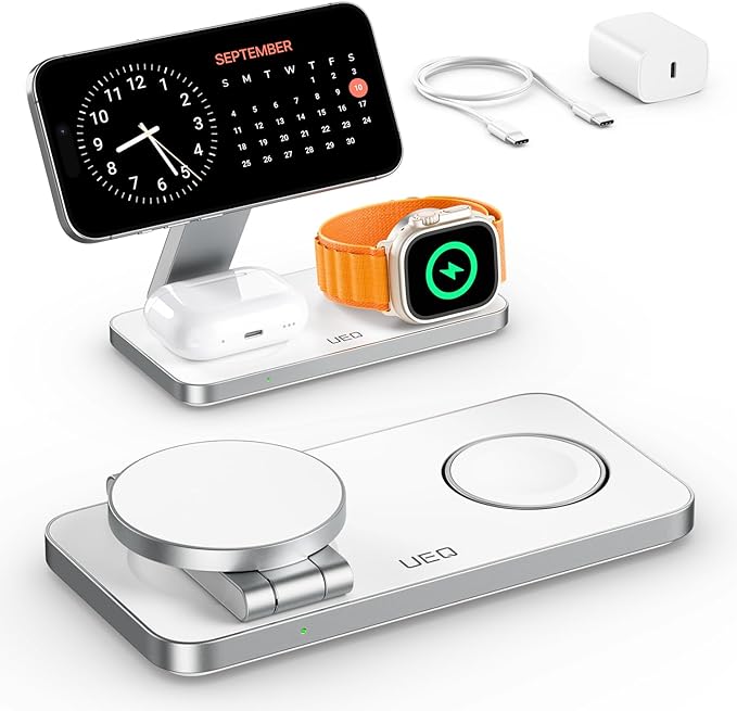 UEQ Foldable 3 in 1 Wireless Charging Station for Apple Compatible with Magsafe Charger Stand,Magnetic Wireless Charger Station for iPhone 17 Air 16 15 14 13 12 Series,Airpods Pro,Apple Watch (White)
