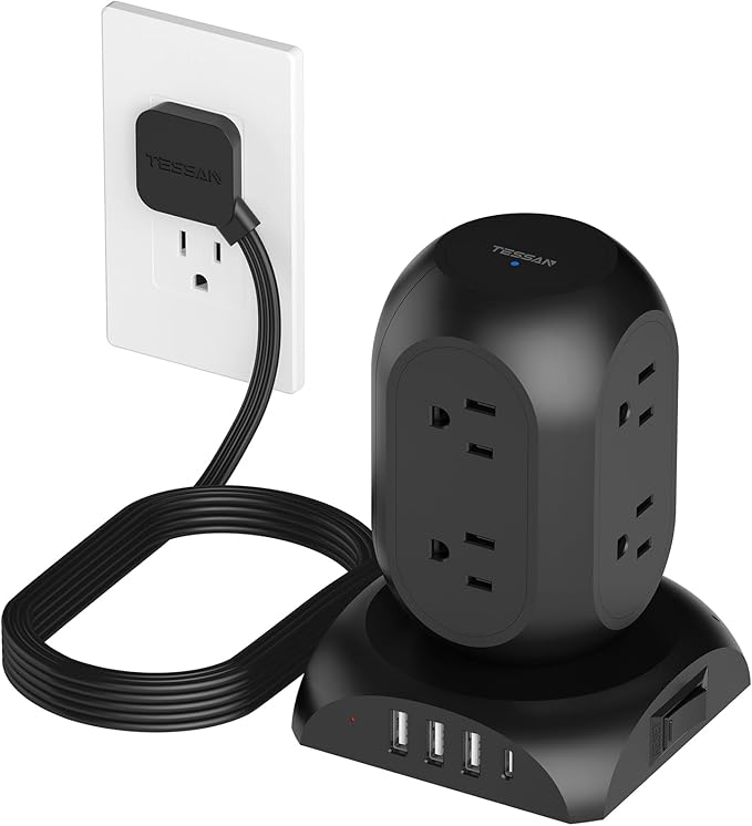 Black Surge Protector Power Strip Tower, TESSAN Flat Plug Extension Cord 10Ft with 8 AC Outlets 4 USB Ports (1 USB C), 1050J Protection Charging Station for Home, Office, Dorm Room Essentials