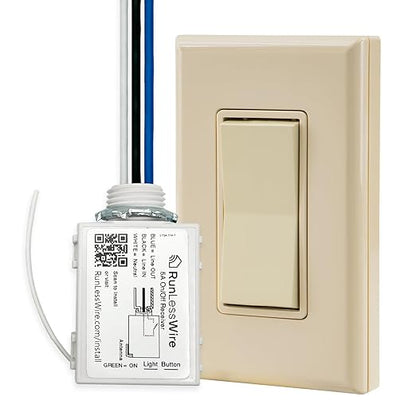 RunLessWire Single Pole Battery-Free DIY Wireless Light Switch Kit 150ft RF Range Self-Powered by Kinetic Energy for Fixtures & Outlets : 1 Remote Switch Controls 1 5A On/Off Receiver – Light Almond
