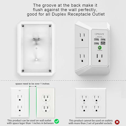 Wall Charger, Surge Protector, QINLIANF 5 Outlet Extender with 4 USB Charging Ports (4.8A Total) 3-Sided 1680J Power Strip Multi Plug Adapter Spaced for Home Travel Office (3U1C)