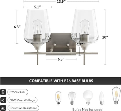 VONLUCE Bathroom Vanity Light, 2 Light Bathroom Light Fixture Over Mirror, Bathroom Wall Lamp with Clear Glass, Modern Brushed Nickel Vanity Lighting fixtures for Bathroom, Bedroom, Hallway