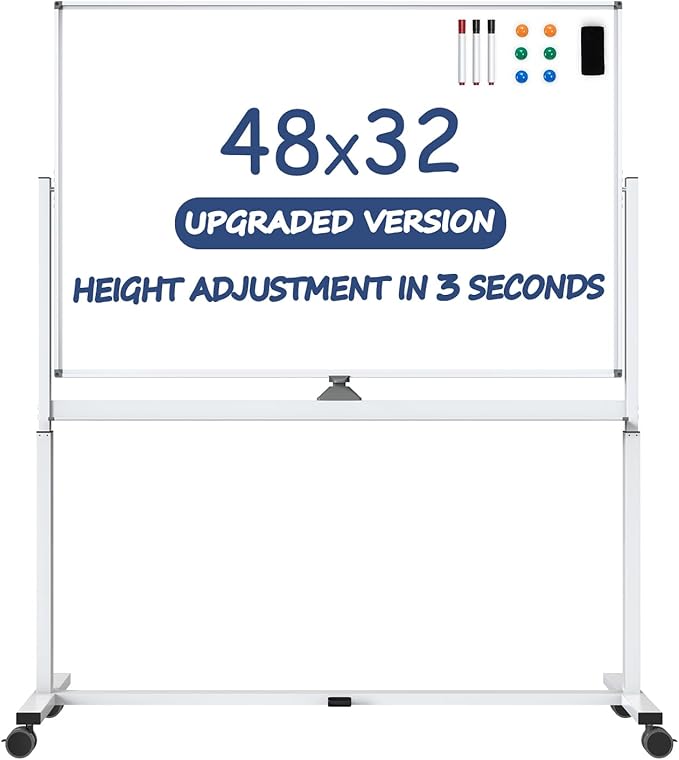 White Board on Wheels, 48 x 32 Inches Height-Adjustable Large Rolling Whiteboard, Mobile Magnetic Dry Erase Board with Stand, Double-Sided Standing Whiteboard for Office, Home, Classroom, School