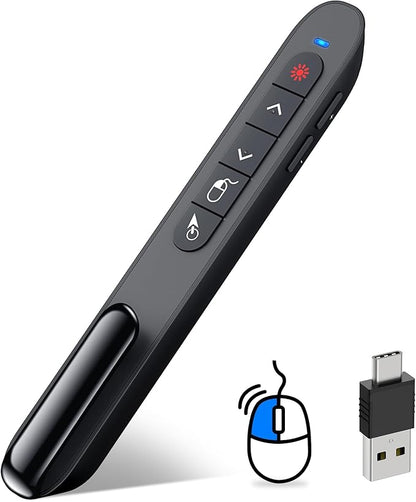 DINOSTRIKE USB-A and USB-C Presentation Clicker with Air Mouse Control, Rechargeable Wireless Presenter Remote PPT Pointer RF 2.4GZ PowerPoint Clicker Slide Advancer for Mac Computer Laptop