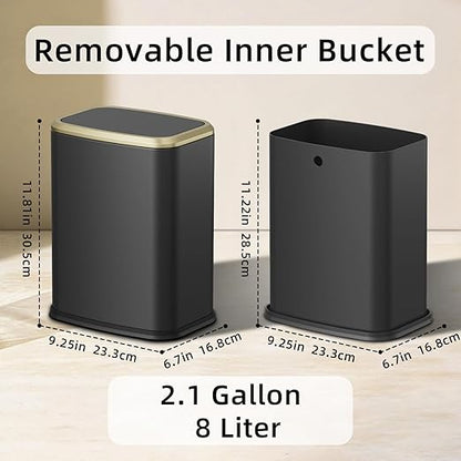 8L/2.1 Gallon Small Bathroom Trash Can with Lid, Swing-Top Rectangular Waste Bin, Stainless Steel Garbage Can for Home, Office, Toilet, Bedroom, Living-Room (Black)